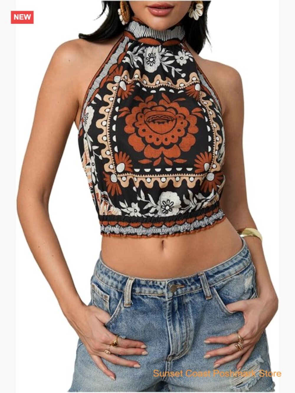 Boho Summer Halter Crop Top Sleeveless Shirred Tie Backless Tank
